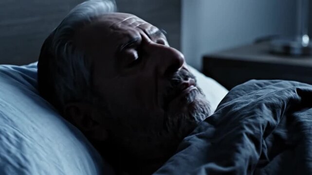 Elderly Man Unbothered In His Bed While Dreaming Deeply With Lights Off
