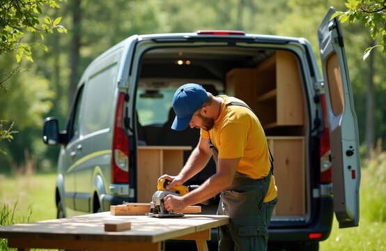 Man in blue cap, yellow shirt builds furniture for camper van conversion. Uses circular saw on wooden planks outdoors. Van interior shows shelves, ready for travel. Forest background adds nature