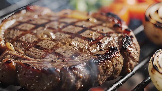 Juicy Ribeye Steak Grilling to Perfection with Smoke and Vegetables.