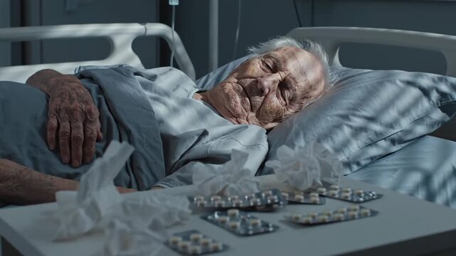 Elderly Patient Resting in Hospital Bed with Pill Blisters and Medical Supplies nearby