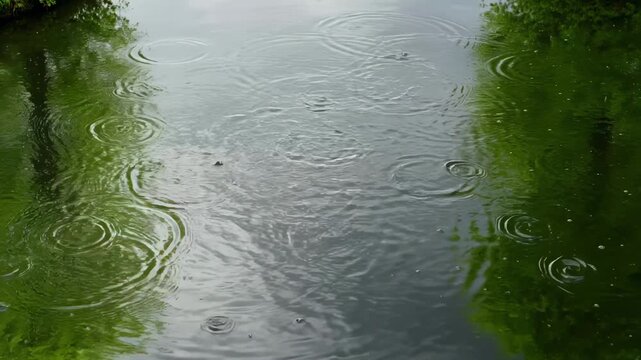 Multiple circular ripples spread across a still forest pond surface during rainfall, with lush green vegetation reflected in the water and overhanging foliage framing the scene.