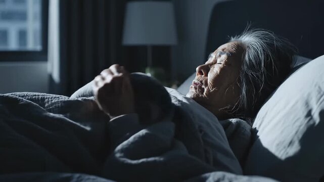 Elderly Woman Contemplating Life While Lying Awake in Bed at Night in a Bedroom Setting