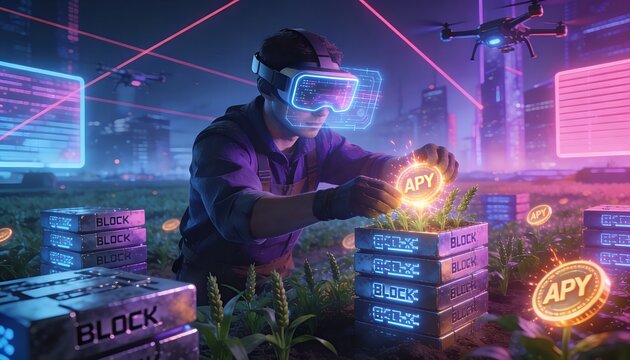 Futuristic Digital Farmer Cultivating APY Tokens in Virtual Reality Metaverse