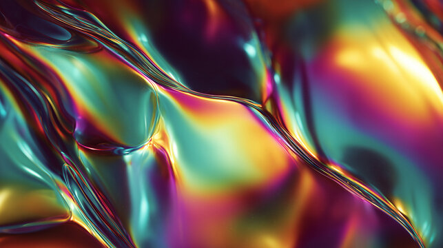 Iridescent abstract gradient with liquid metallic waves and neon color flow