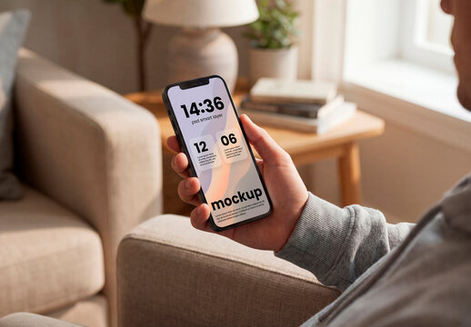 Hand holding smartphone mockup with blank screen indoor scene