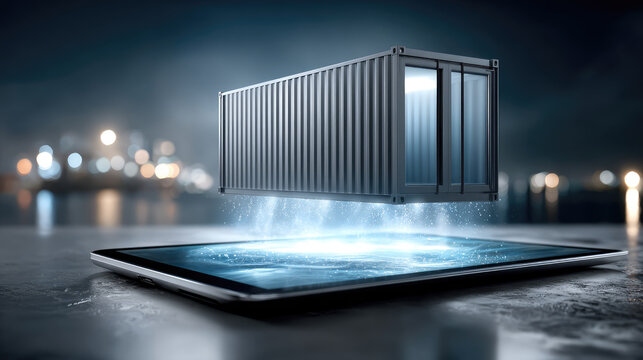 Holographic shipping container rising from a tablet screen, illustrating digital logistics, smart global supply chain, virtual freight tracking and automated e commerce transport solutions