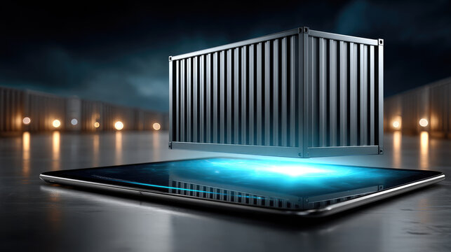 Holographic shipping container rising from a tablet screen, illustrating digital logistics, smart global supply chain, virtual freight tracking and automated e commerce transport solutions