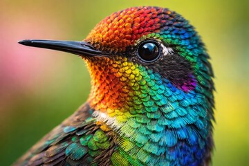 Fototapeta premium Iridescent Hummingbird Close Up with Vibrant Feather Colors Exotic Bird Macro Photography
