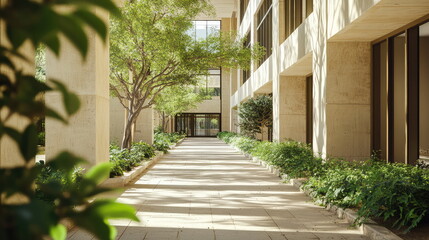 Naklejka premium Building columns and a paved walkway line a courtyard with lush green trees and plants under bright daylight, creating an inviting peaceful urban oasis environment