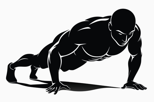 bodybuilder performing a push up on the ground silhouette line art vector illustration with a white background
