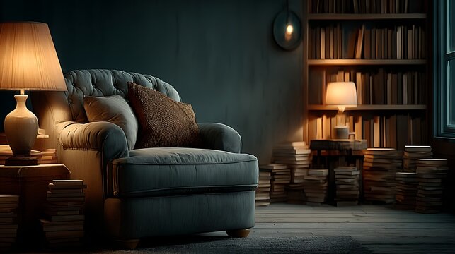 Cozy home reading corner interior with comfy chair lamp and shelf images illustrator​