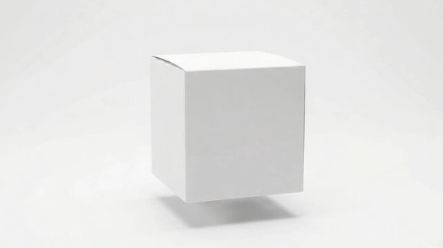 A simple, clean, white rectangular box floating in a minimalist white studio setting, casting a soft shadow below.