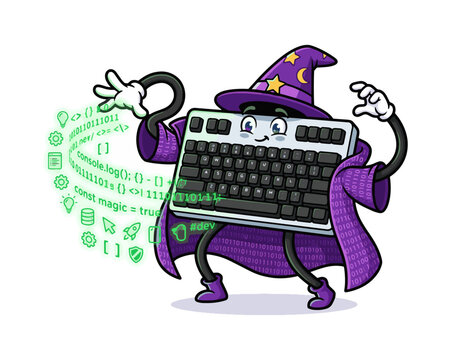 Cartoon wizard with a keyboard and coding symbols, representing magic in technology and programming