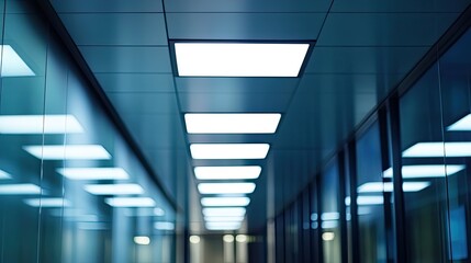 Fototapeta premium Long, illuminated corporate office hallway featuring sleek glass walls and recessed ceiling lights, creating a sense of clean, contemporary architecture and business environment