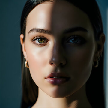 Beautiful woman, green eyes, close-up portrait, natural beauty, elegant face
