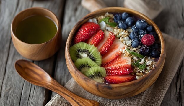 Freshly prepared aai bowl brimming with assorted berries and sliced kiwi accompanied by a side of green tea presented on a rustic wooden surface