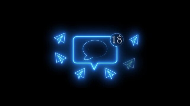 Glowing blue chat bubble with notification and paper airplanes on black background for messaging communication technology concept