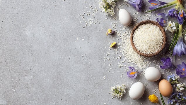 A wooden bowl filled with white rice grains is surrounded by assorted eggs and purple crocus blossoms arranged on a smooth light gray concrete background
