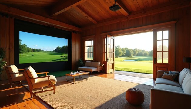 Interior wood-paneled room with golf simulator screen and scenic golf course view through open doors. Comfortable seating area for relaxing and playing golf indoors, even in bad weather.