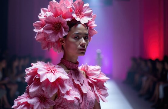 Woman with flower dress and headpiece on runway. Fashion model walks on catwalk with audience. Pink floral outfit, haute couture show, creative design.