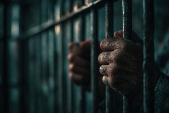 Gritty jail interior: man pressed against steel bars with blue-gray tones