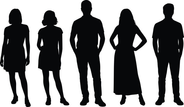 Five human silhouettes in different body shapes and postures standing side by side for vector design and illustration artwork