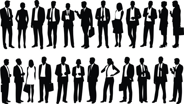 Multiple business silhouettes of professionals standing, conversing, and holding briefcases in corporate attire for vector design and artwork