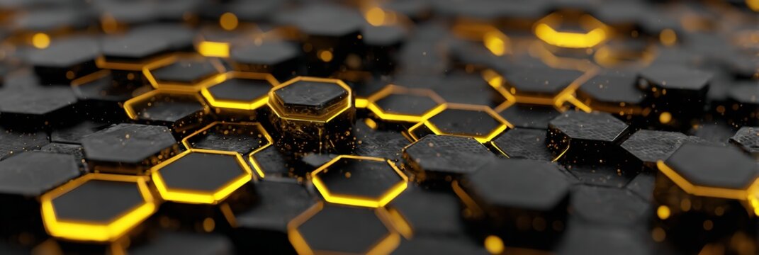 A grid of dark textured hexagonal tiles features vibrant yellow-orange light glowing from the recessed edges in a futuristic and abstract digital design