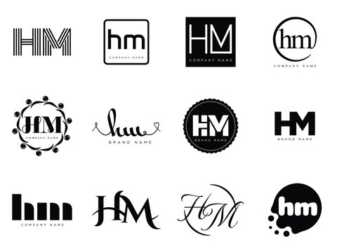 HM logo company template. Letter h and m logotype. Set different classic serif lettering and modern bold text with design elements. Initial font typography.