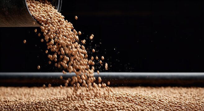 Individual golden soybeans fall in a dynamic stream from a dark pipe against a solid black background highlighting their smooth texture and shape