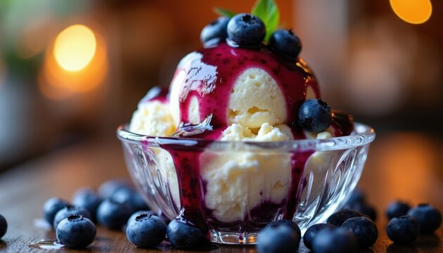 Creamy vanilla ice cream sundae topped with fresh blueberries, rich berry syrup in elegant glass bowl. Scattered berries on wooden table add extra appeal. Delicious cold dessert is perfect for summer.