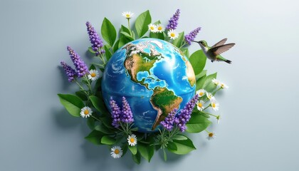 Fototapeta premium Earth globe surrounded by green leaves lavender flowers and hummingbird. Represents nature ecology sustainability and biodiversity. Clean pure concept with copy space.