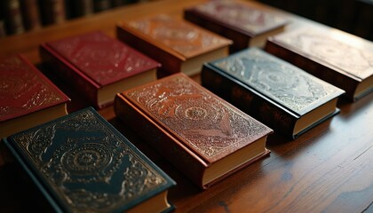 Fototapeta premium Arranged antique books with embossed covers sit on polished wood table. Collection displays intricate patterns, gold foil details. Old literature on shelf suggests wisdom, history. Several volumes