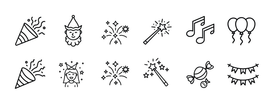 Event celebration web line icons set party popper magic wand fireworks balloons birthday party web line icons set & more vector illustration on editable stroke
