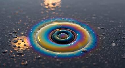 Naklejka premium Mesmerizing Iridescent Oil Slick with Rainbow Colors on Dark Wet Surface