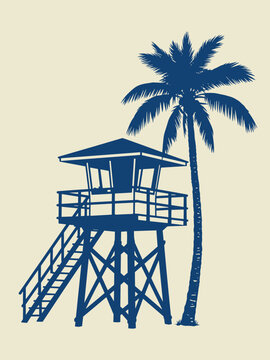 Dark blue silhouette of a lifeguard tower and palm tree on a light beige background beach ocean