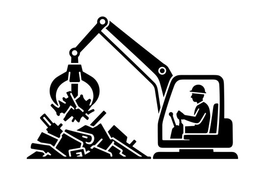 A linear icon in black and white style depicting a worker operating a crane at a scrap metal yard.