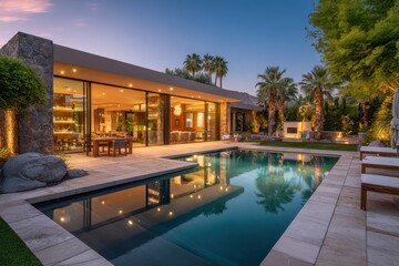 Fototapeta premium Elegant contemporary residence featuring a pristine pool and glass-walled living spaces
