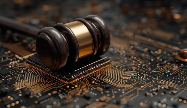 A dark wooden gavel sits directly on top of a sophisticated microprocessor chip highlighting the intersection of law and modern computer technology