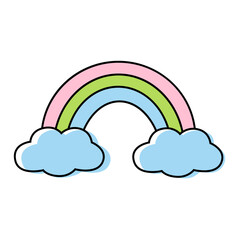 Naklejka premium Cute Colorful rainbow icon in minimalist line art style isolated on white background. Colorful illustration with offset color fill for kids nursery, spring weather concept, stickers, baby shower cards