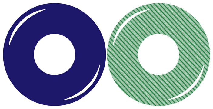 Two colorful round objects with a central hole, one solid blue, the other patterned green with diagonal lines.