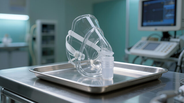 Modern anesthesia mask in a clinical setting, healthcare and surgery concept.