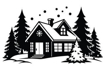 Fototapeta premium a cozy house with winter wonderland silhouette line art vector illustration with a white background