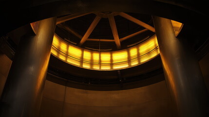 Naklejka premium Circular industrial interior featuring a glowing golden light fixture illuminating the dark ceiling, creating a dramatic and abstract architectural scene