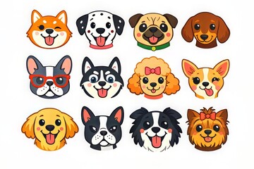 Fototapeta premium Cute Dog Faces Icon Set Cartoon Puppies Different Breeds Vector Collection