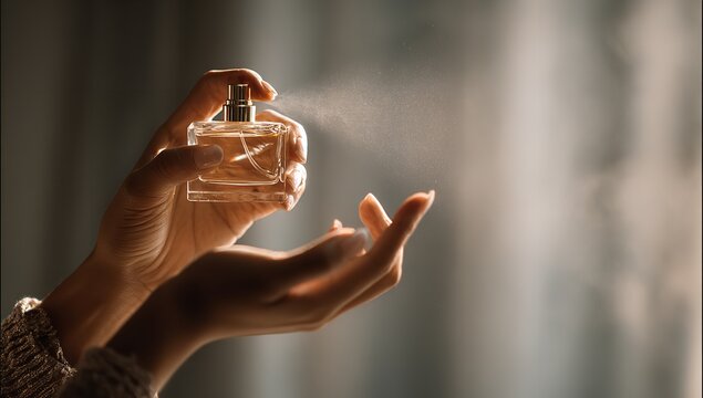 Meticulous hands hold a rectangular glass fragrance bottle while spraying a fine cloud of perfume into the air against a soft bokeh background