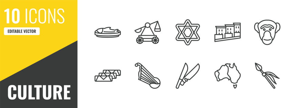 culture outline icon set. 10 linear vector for ui, web and mobile. thin line imperial carp, trebuchet, david icons.