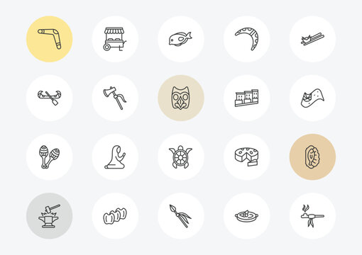 culture outline icon set. linear vector for ui, web and mobile. thin line australian boomerang, native american canoe, maracas couple icons.