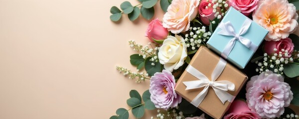 Fototapeta premium Flowers and gift boxes arranged on a light background. Presents tied with white ribbons create a festive look. Soft pastel blooms suggest a special celebration.