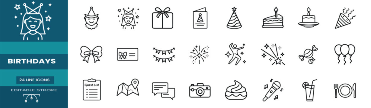 Party celebration web line icons set event decoration birthday balloons cake gift surprise web line icons set & more vector illustration on editable stroke